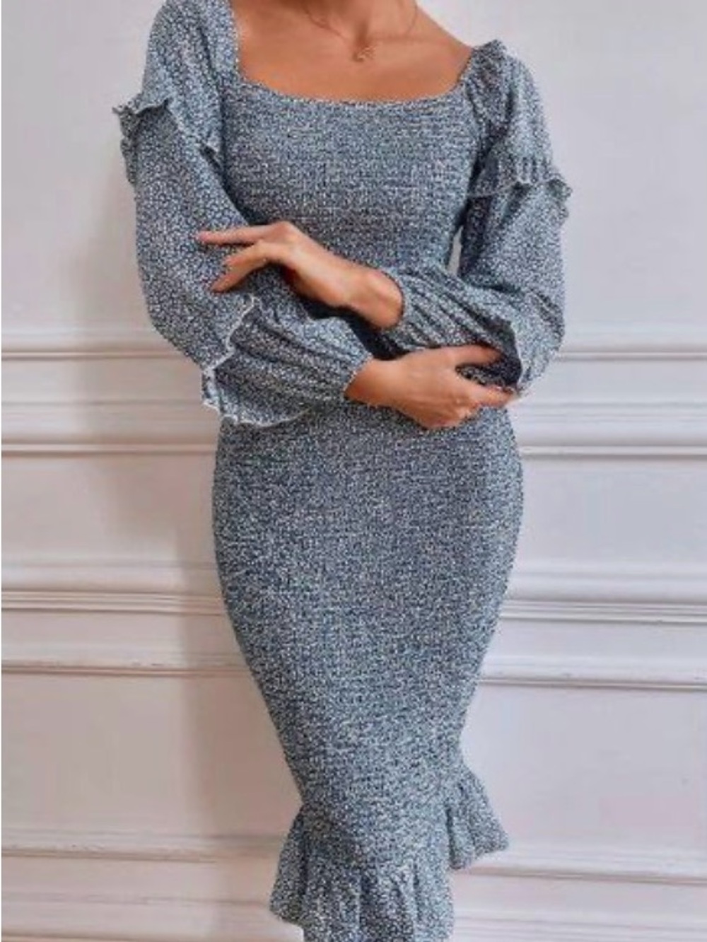 Pretty Garden Blue Floral Square-Neck Long Sleeve Midi Dress with Ruffle Hem